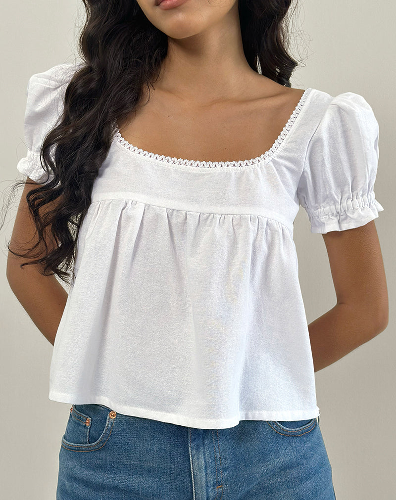 White Sleeveless Blouse in Cotton with Square Neckline