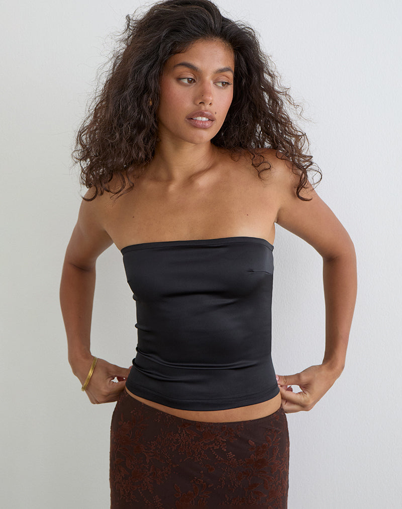 Ayaka Lace Up Corset Top in Satin Black