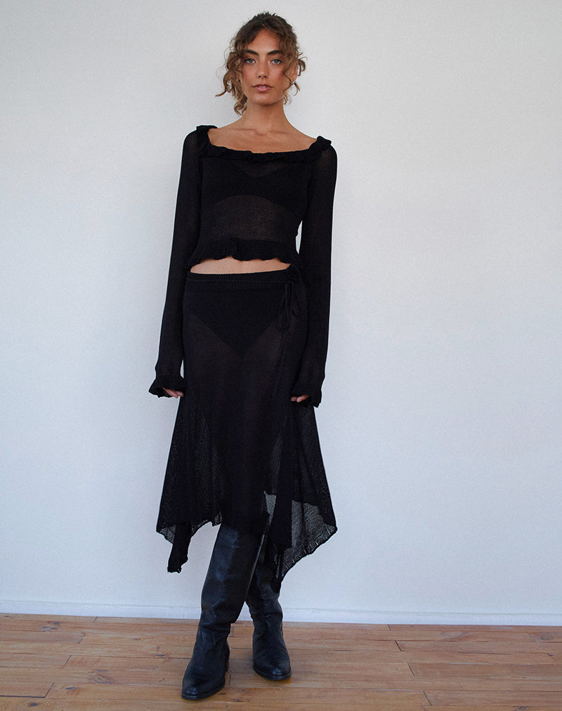Image of Ayako Frill Fine Knit Top in Black