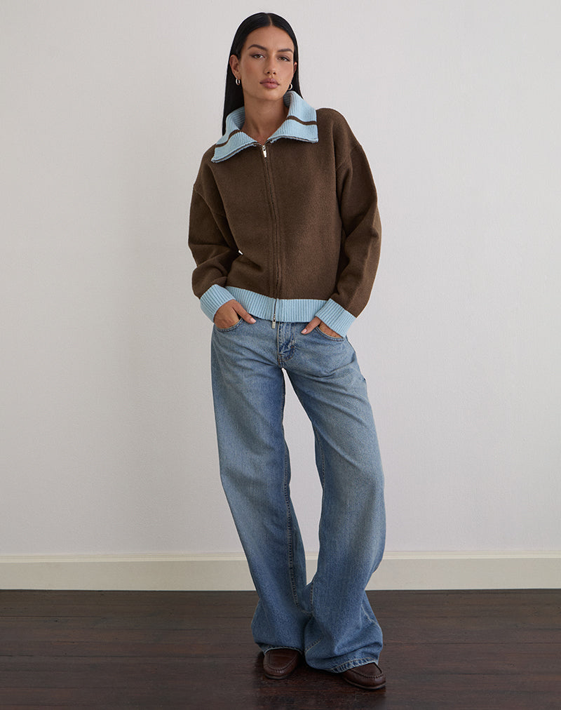 Brown and Blue Knit Zip Up Collared Jumper | Ayamu – motelrocks-com-us
