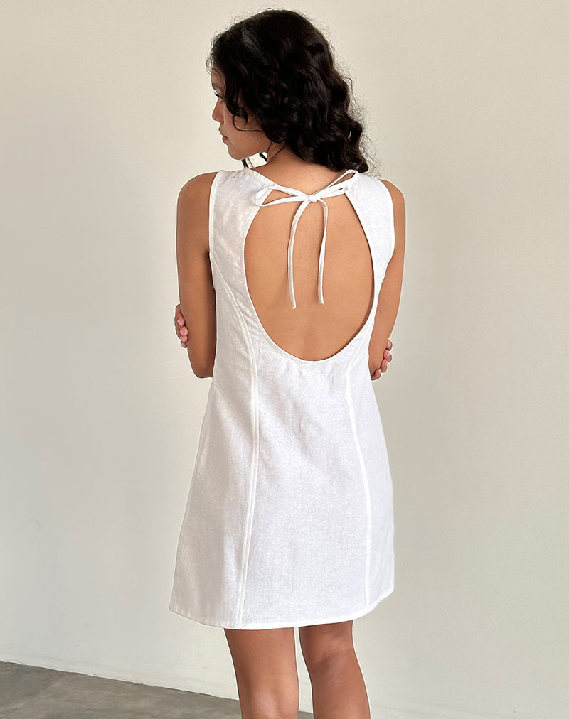 Ayana Open Back Mini Dress in Off White Linen