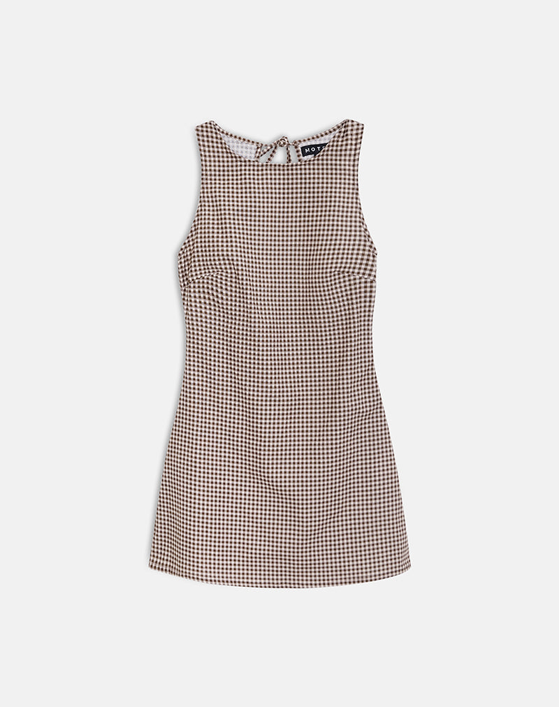 Image of Ayana Backless Mini Dress in Linen Brown Gingham