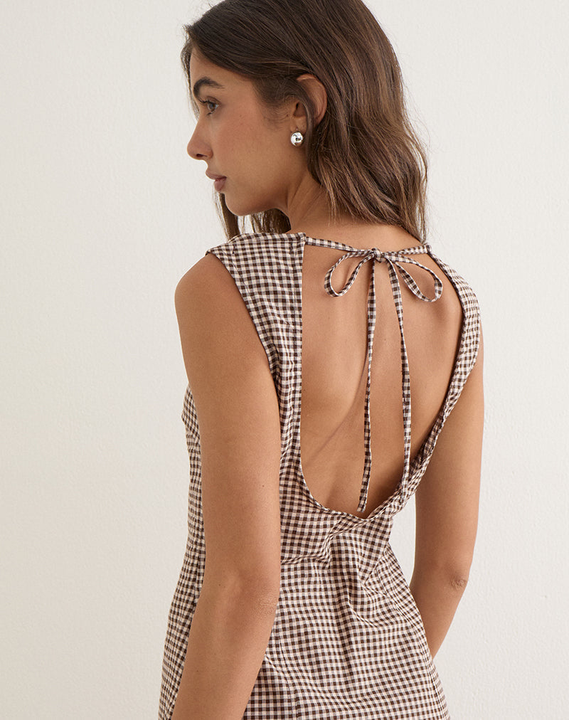 Image of Ayana Backless Mini Dress in Linen Brown Gingham