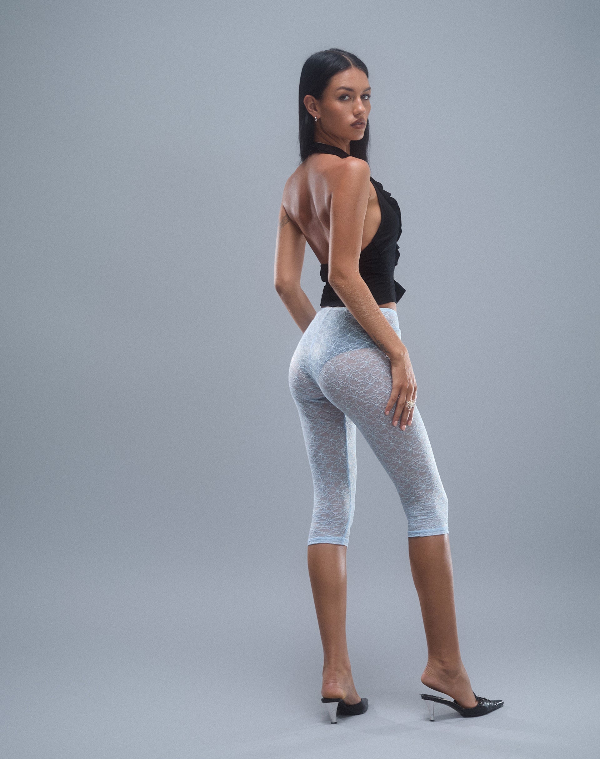 Image of Kalima Lace Cropped Capri Trouser in Baby Blue