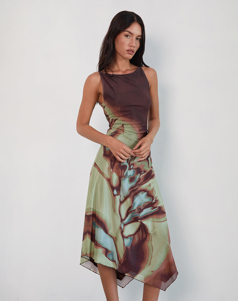 Aysun Midi Dress in Lumen Mesh Brown , Bodycon , Asymmetric , Crew Neck