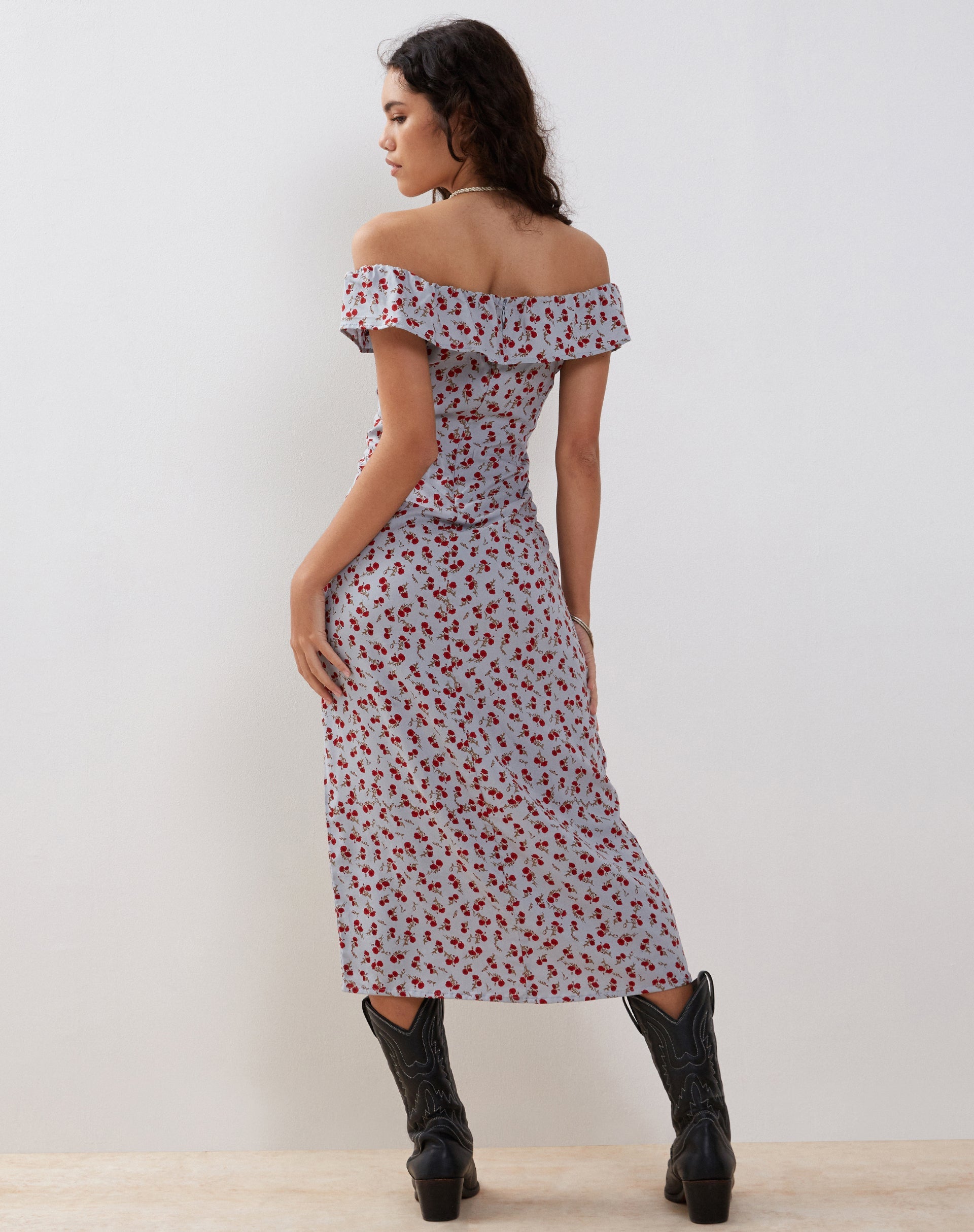 Image of Ayudia Bardot Midi Dress in Blue Floral Ditsy