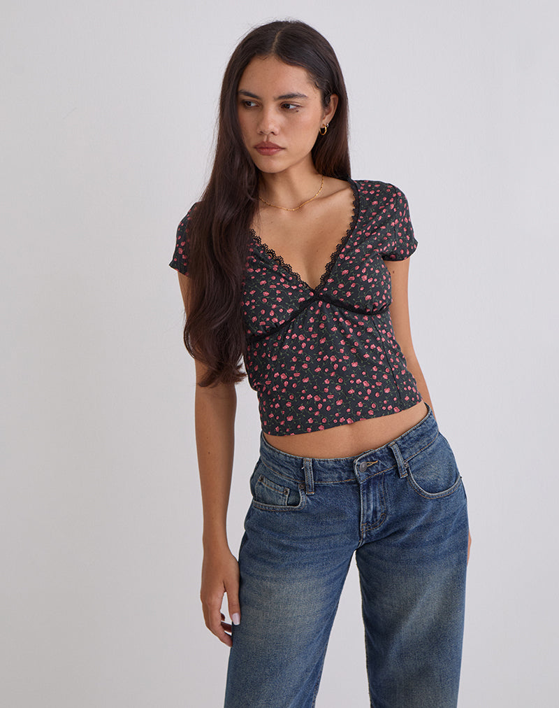 Asani Top in Dark Pink Rose Black
