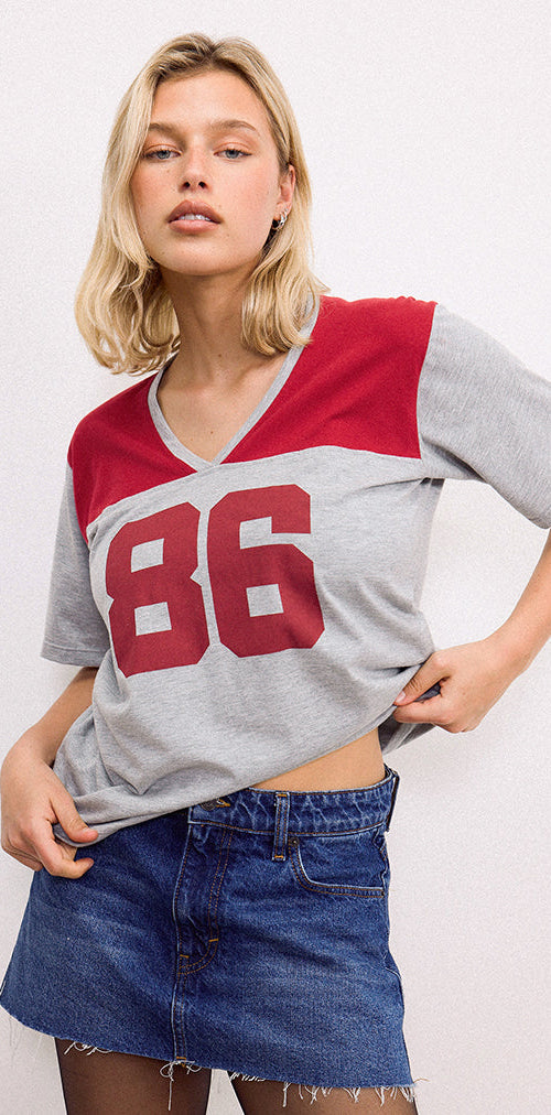 Image of Balap Oversized Top in Grey Marl and Adrenaline Red with '86' Emb