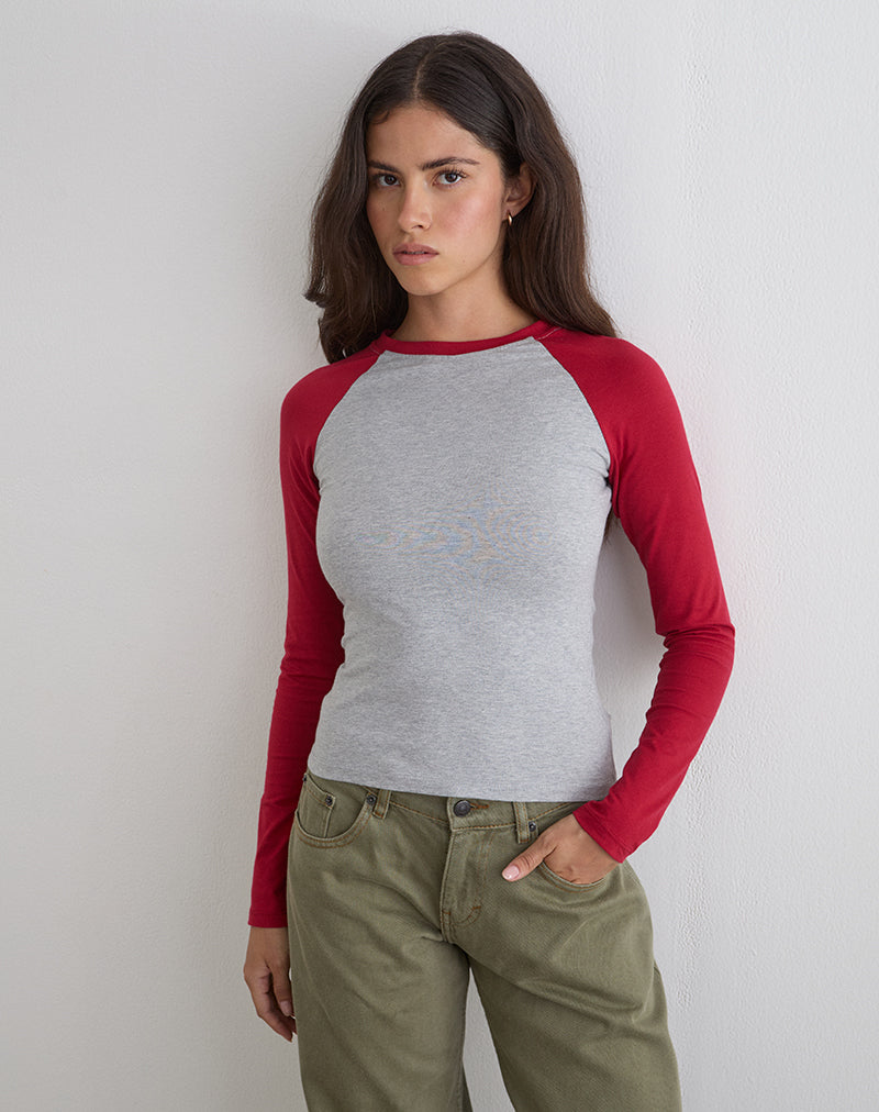 Balqis Long Sleeve Top in Grey Marl Adrenaline Red Combination