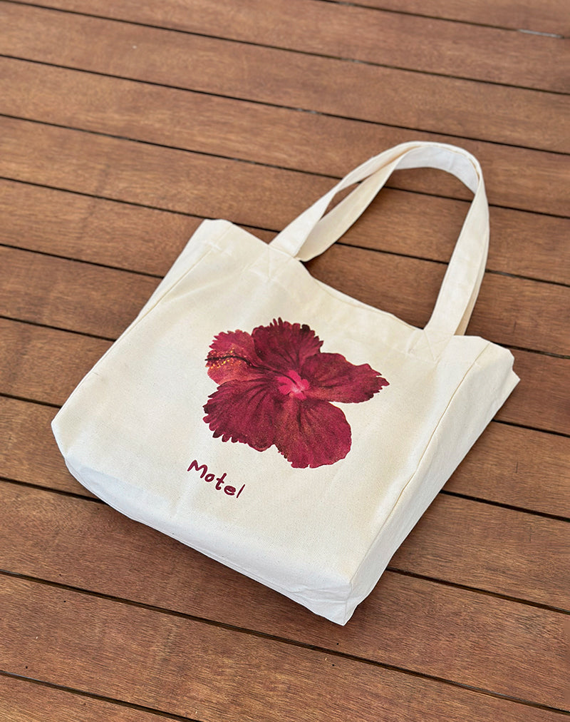 Barbara Tote Bag in Ivory with Hibiscus Print