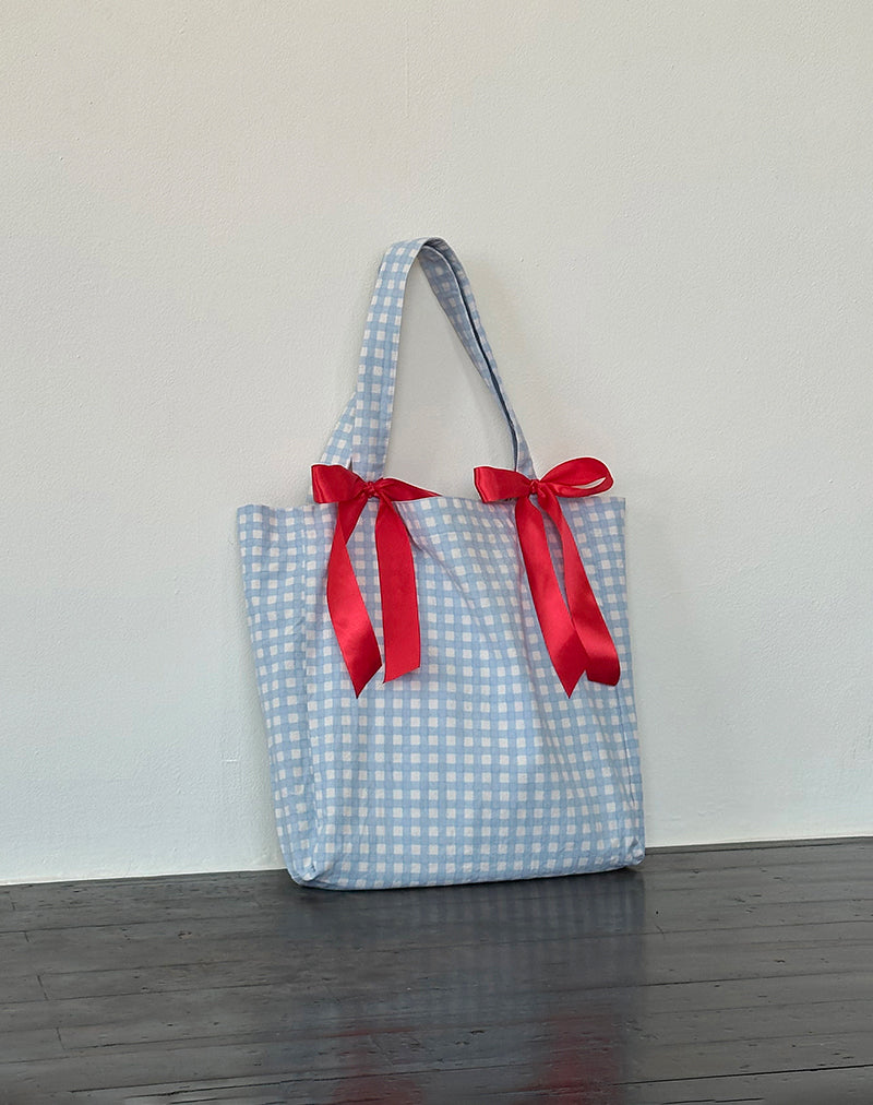 Image of Barbara Tote Bag in Blue Gingham with Red Bow