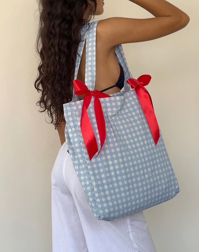 Image of Barbara Tote Bag in Blue Gingham with Red Bow