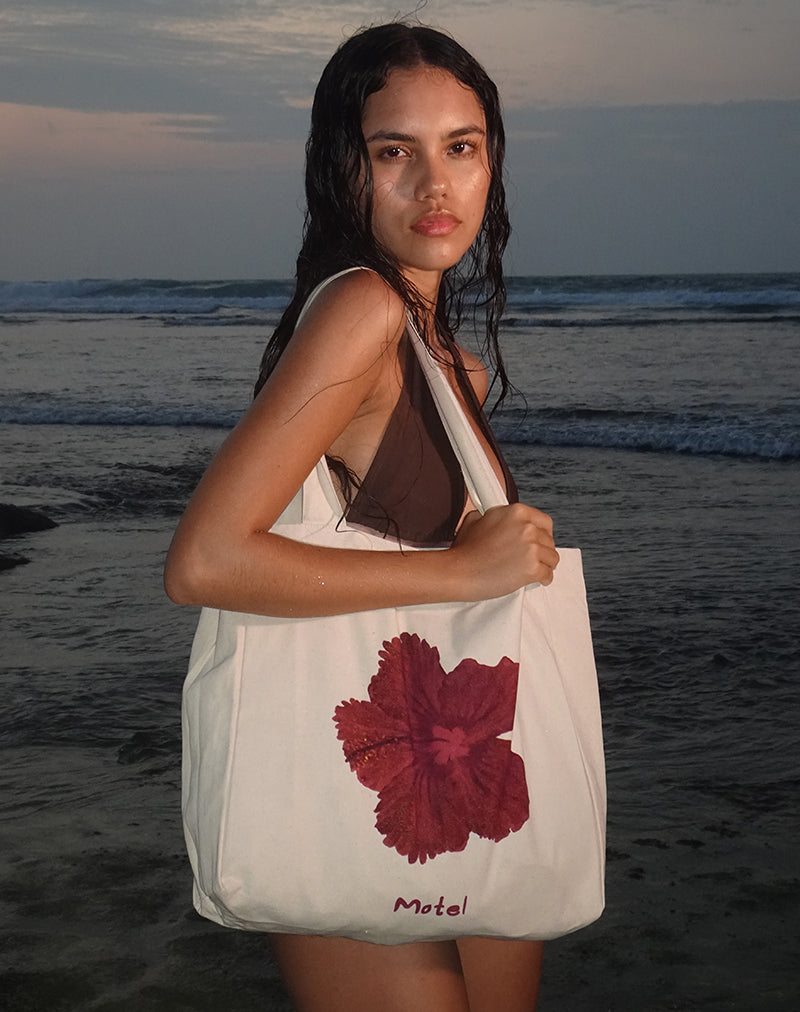 Barbara Tote Bag in Ivory with Hibiscus Print