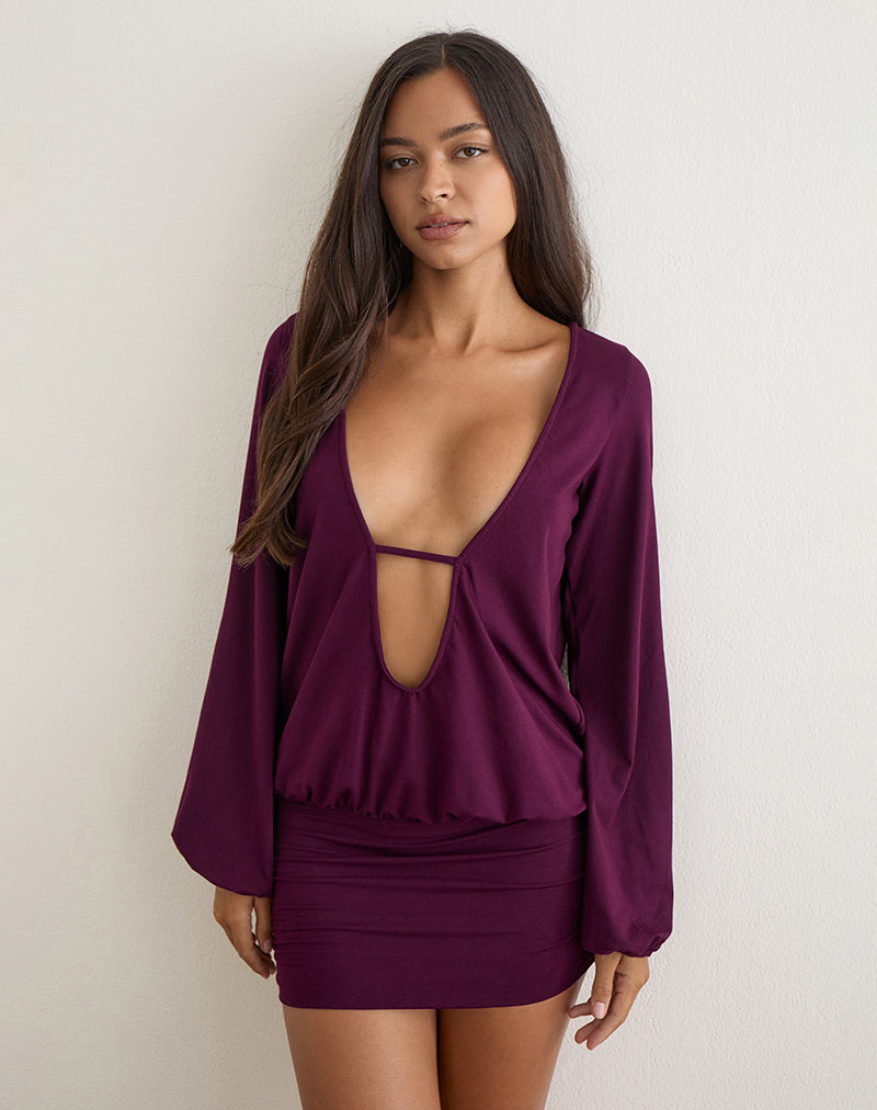 Fig Deep Plunge Long Sleeve Mini Dress
