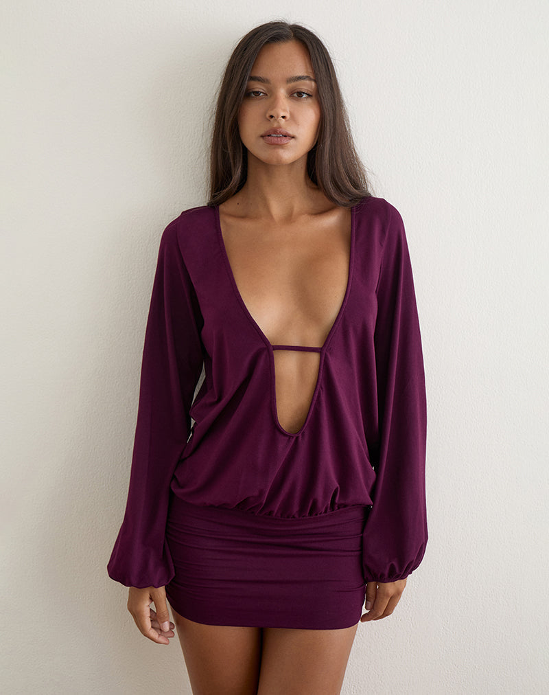 Image of Bede Long Sleeve Deep Plunge Mini Dress in Fig