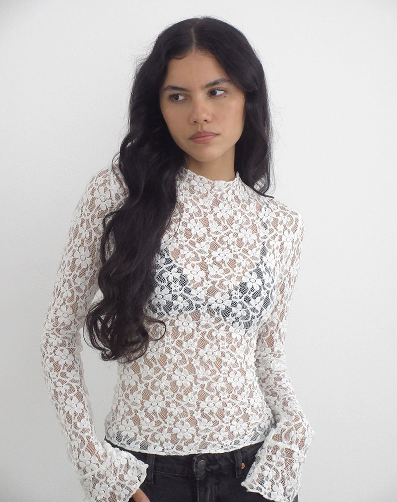 Image of Beerus Long Sleeve Mock Neck Top in Lace Ivory