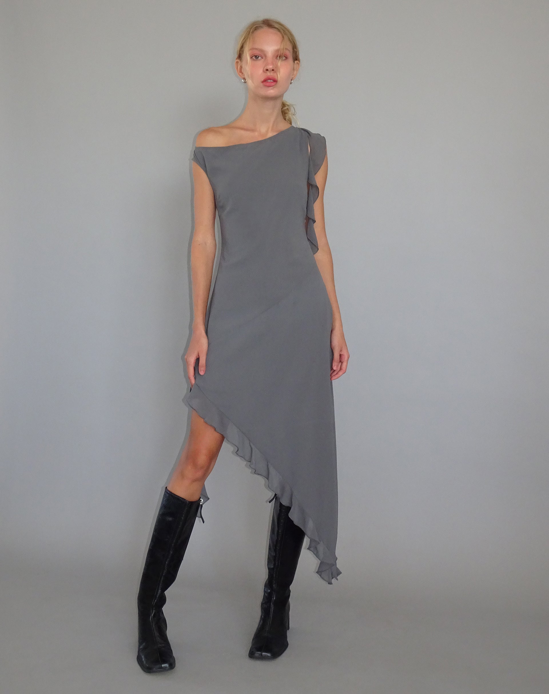 Beleri Ruffle Asymmetric Dress in Grey Chiffon Beleri Ruffle Asymmetric Dress in Grey Chiffon