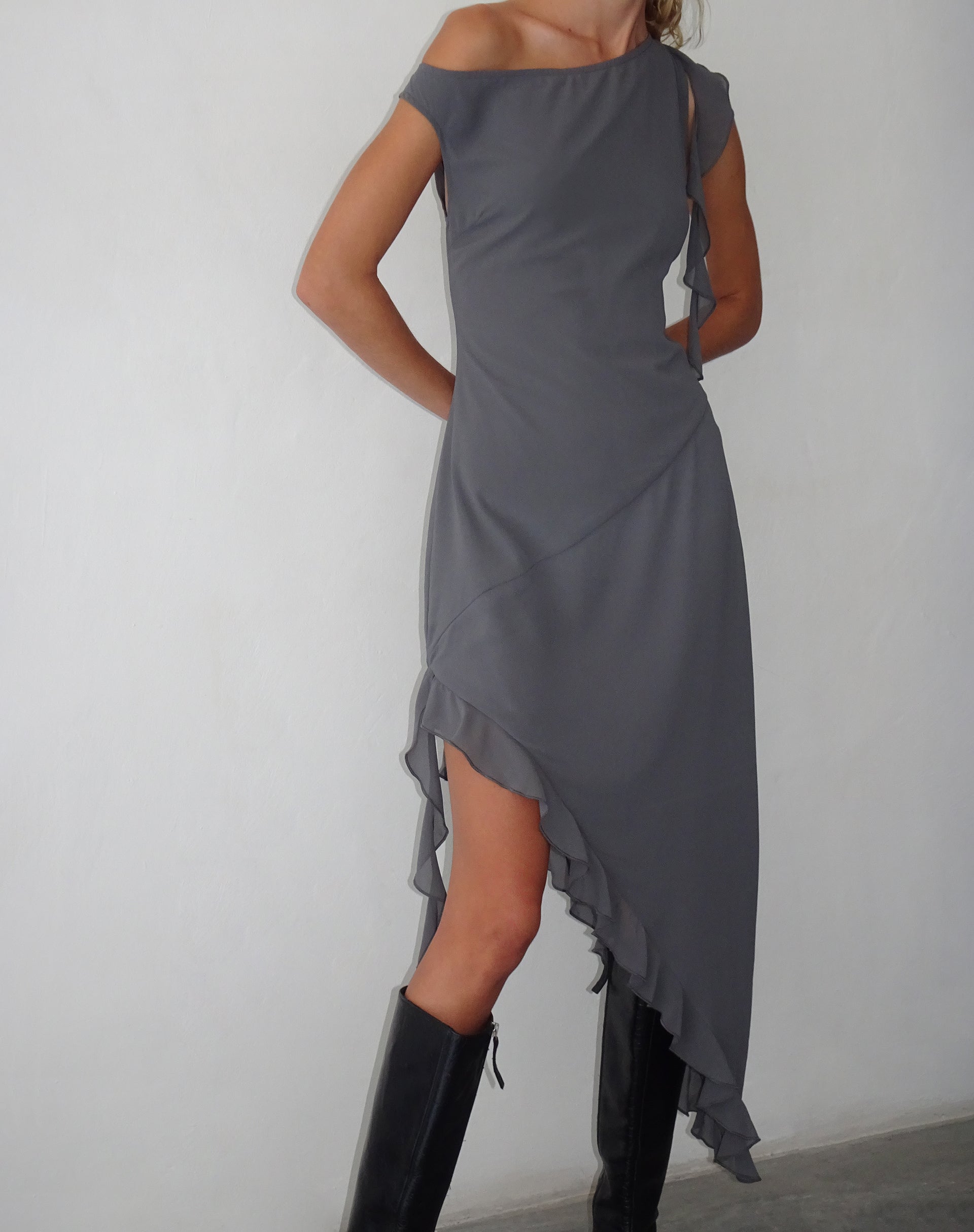 grey asymmetrical dress Grey PLT Label Grey Sequin Asymmetrical Plunge Maxi Dress