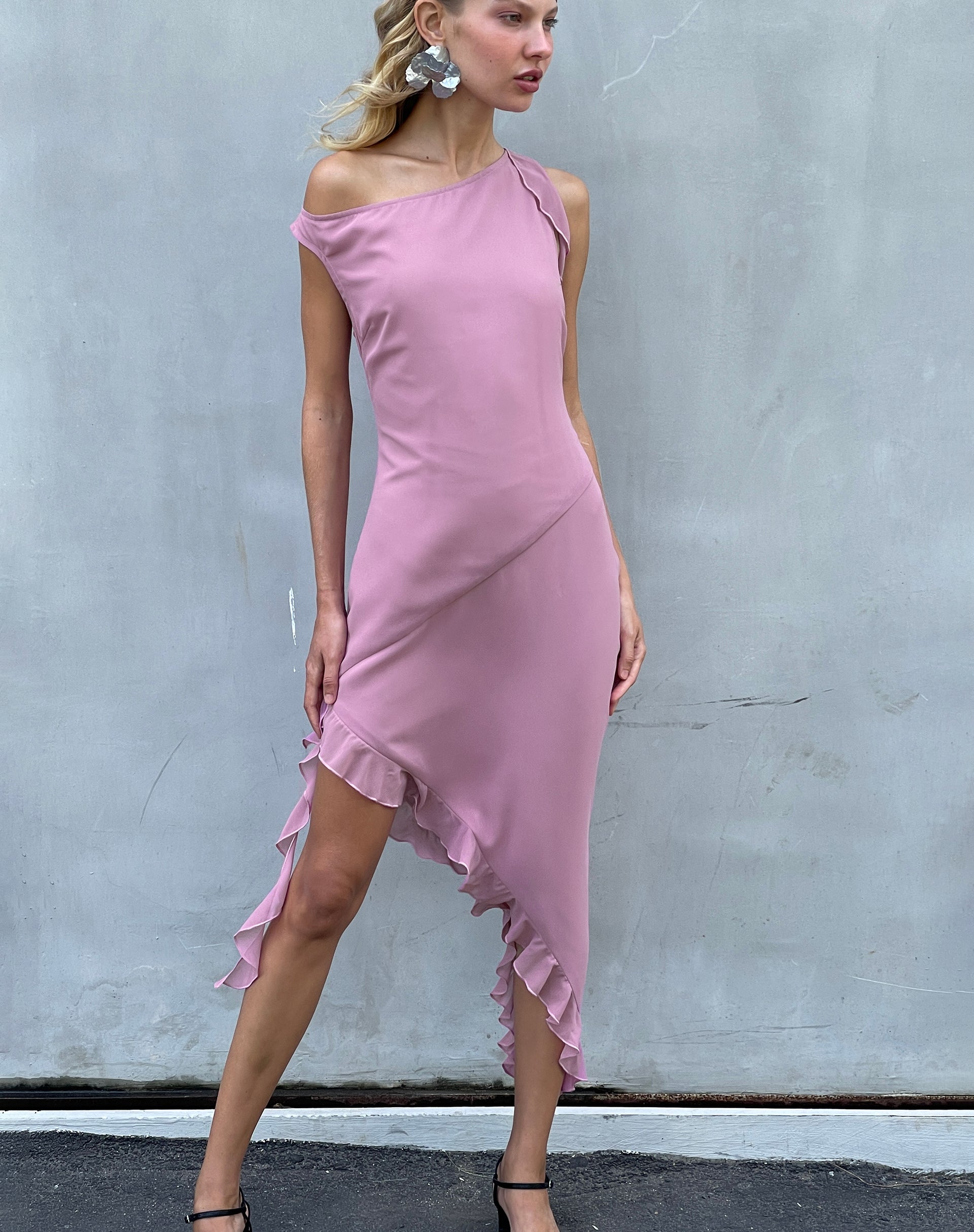 Image of Beleri Ruffle Asymmetric Dress in Pink Chiffon
