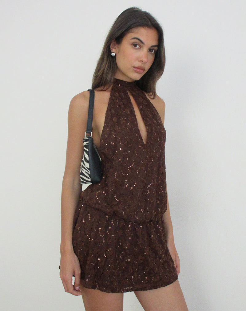 Belly Racerback Mini Dress in Sequin Knit Brown