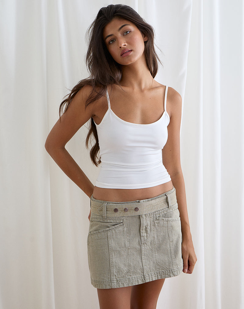 Belted Denim Mini Skirt in Oat