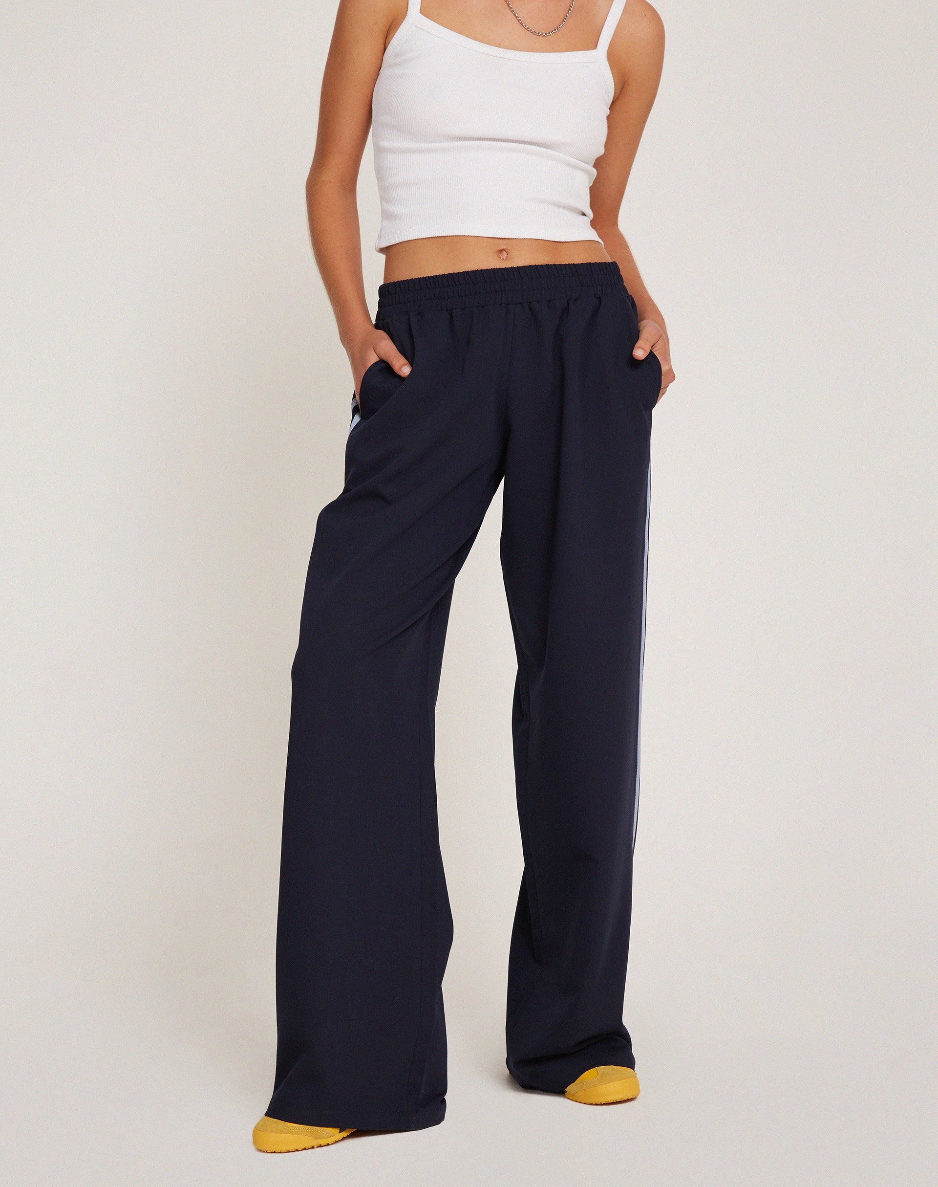 Warehouse wide leg trousers with side stripe in navy | ASOS