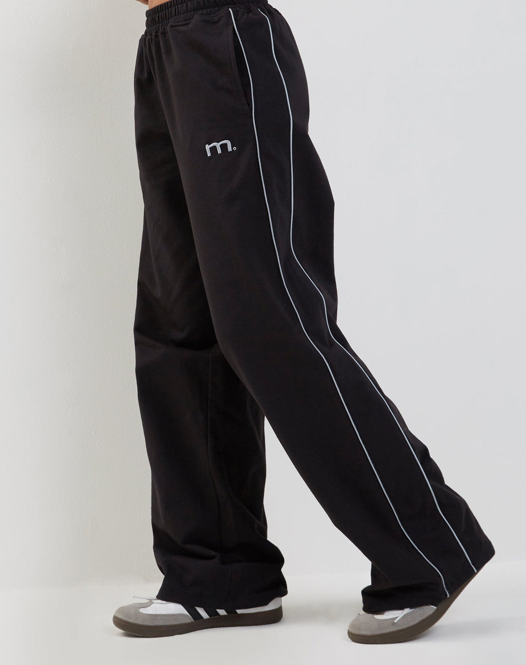 Benton Wide Leg Jogger in Black with Dark Grey Piping and 'M' Embroidery