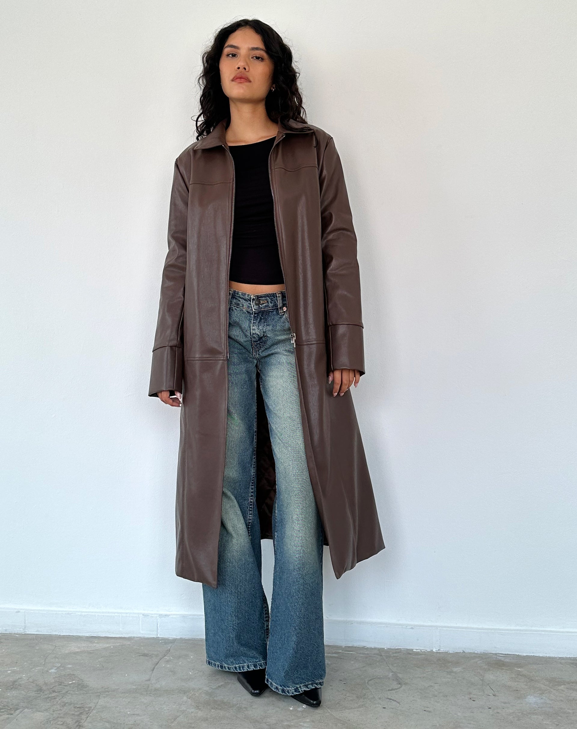 Berlin PU Trench Coat in Dark Brown - Main Image