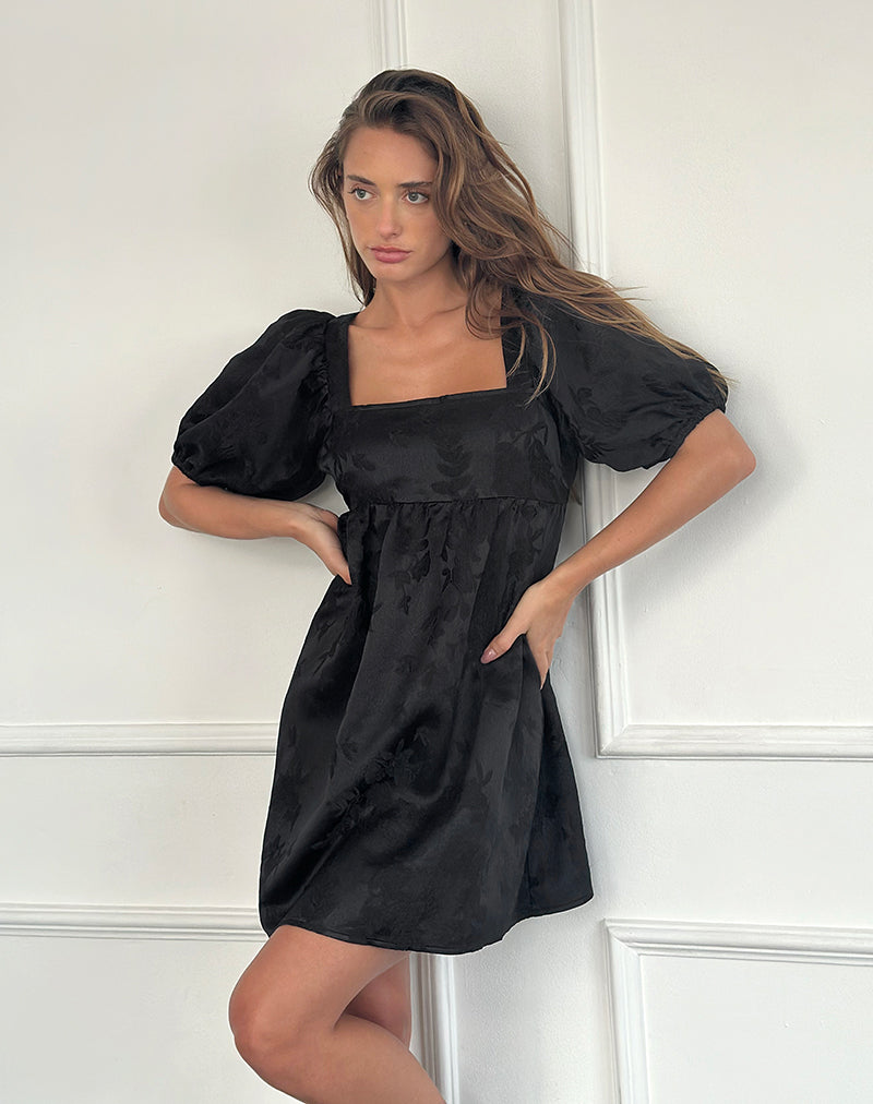 Black Satin Jacquard Open Back Mini Dress