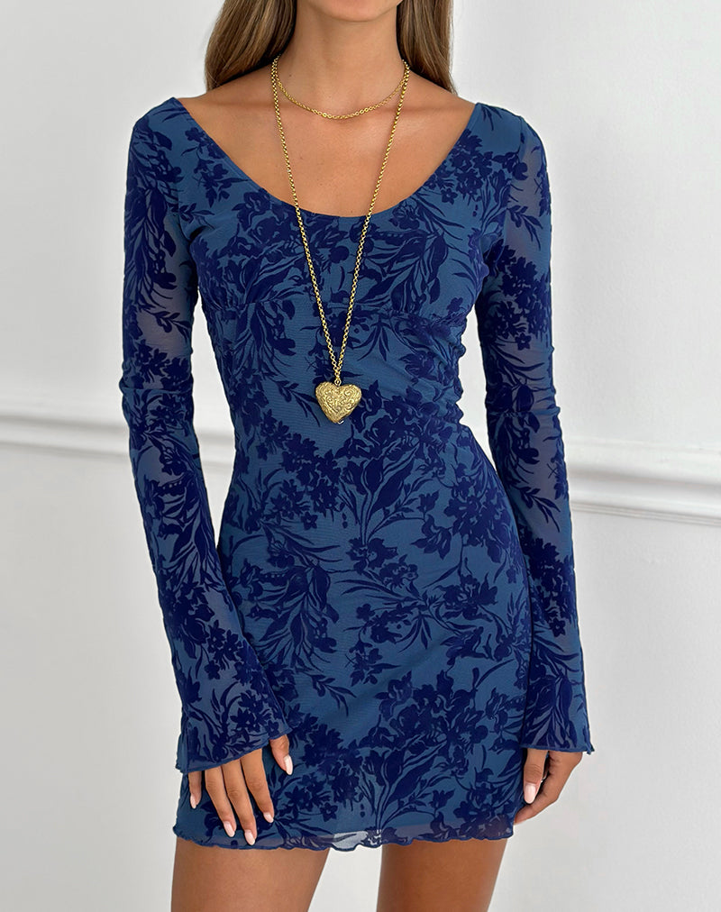 Bindara Mini Dress in Navy with Midnight Leaf Flock