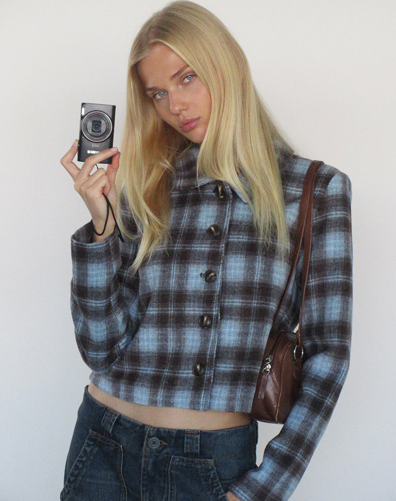 Image of Bintari Jacket in Wool Blue and Brown Check