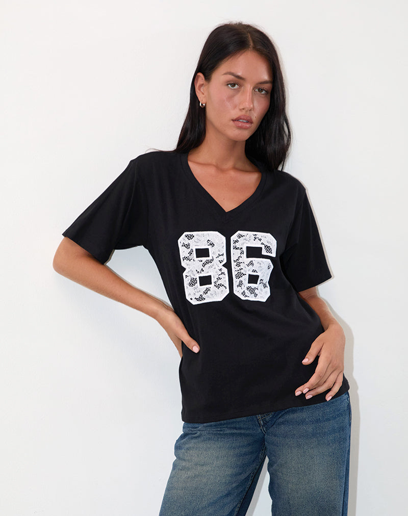 Image of Blaine Oversized Tee in Black with 86 White Lace Embroidery