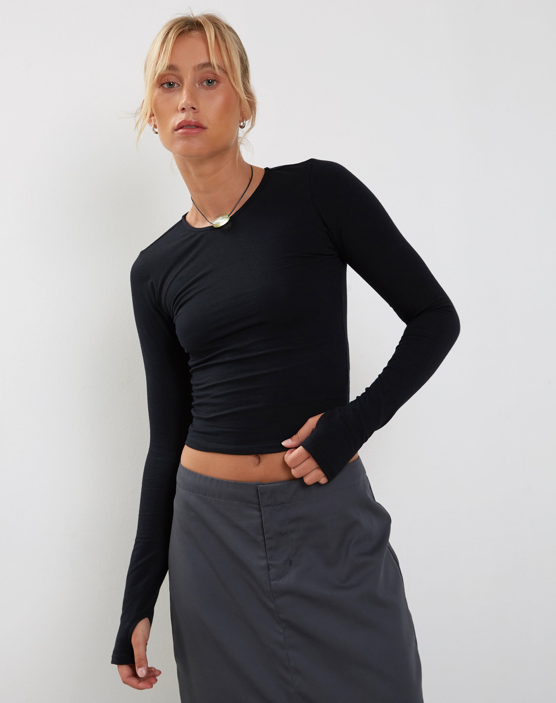Cheap Monday Long Sleeve Top with Slash Neck and Thumb Holes in Black