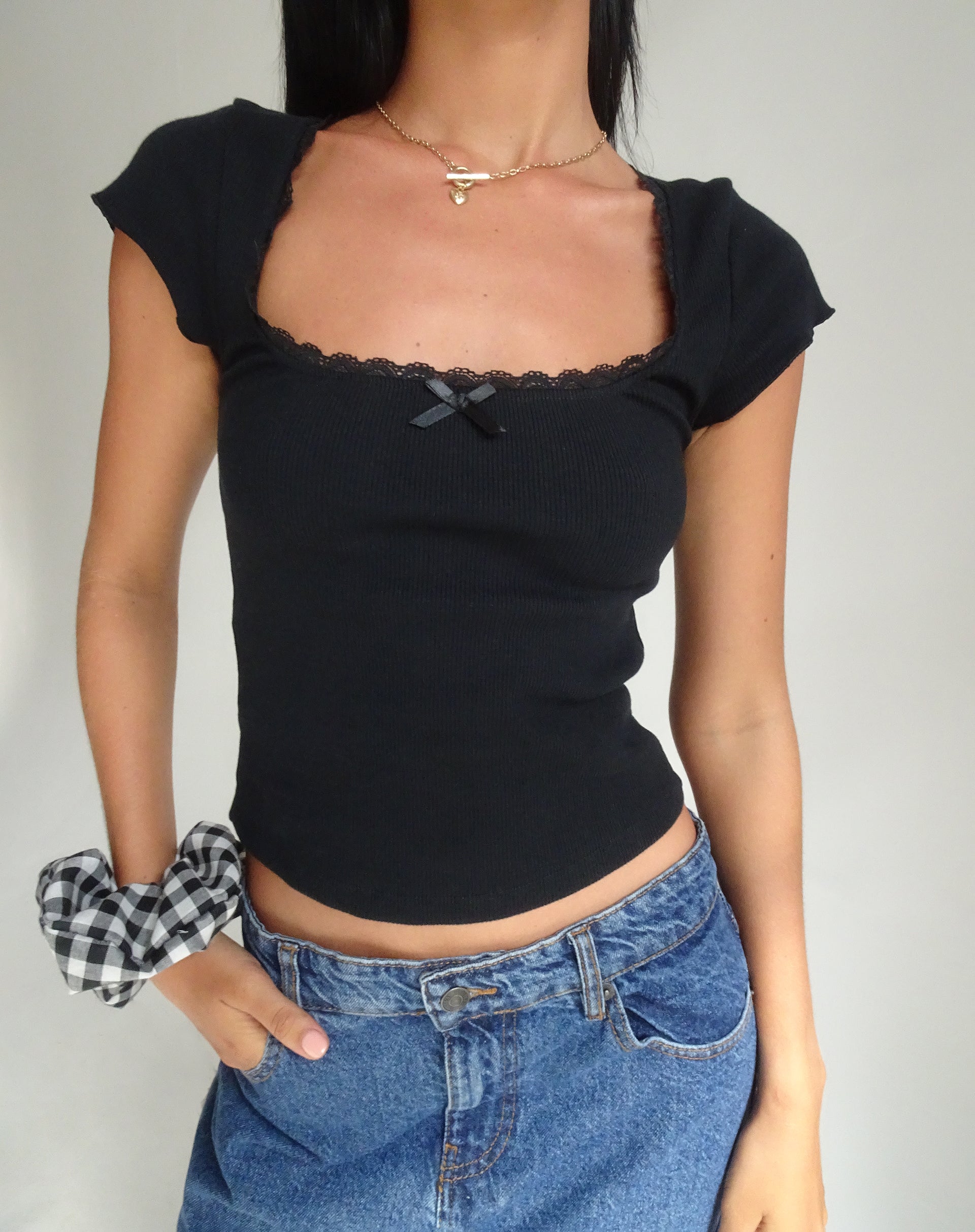 Image of Bovillo Cap Sleeve Top in Black Ribbed Jersey