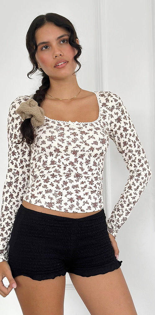 Image of Bovita Ribbed Long Sleeve Top in Ditsy Floral Cream