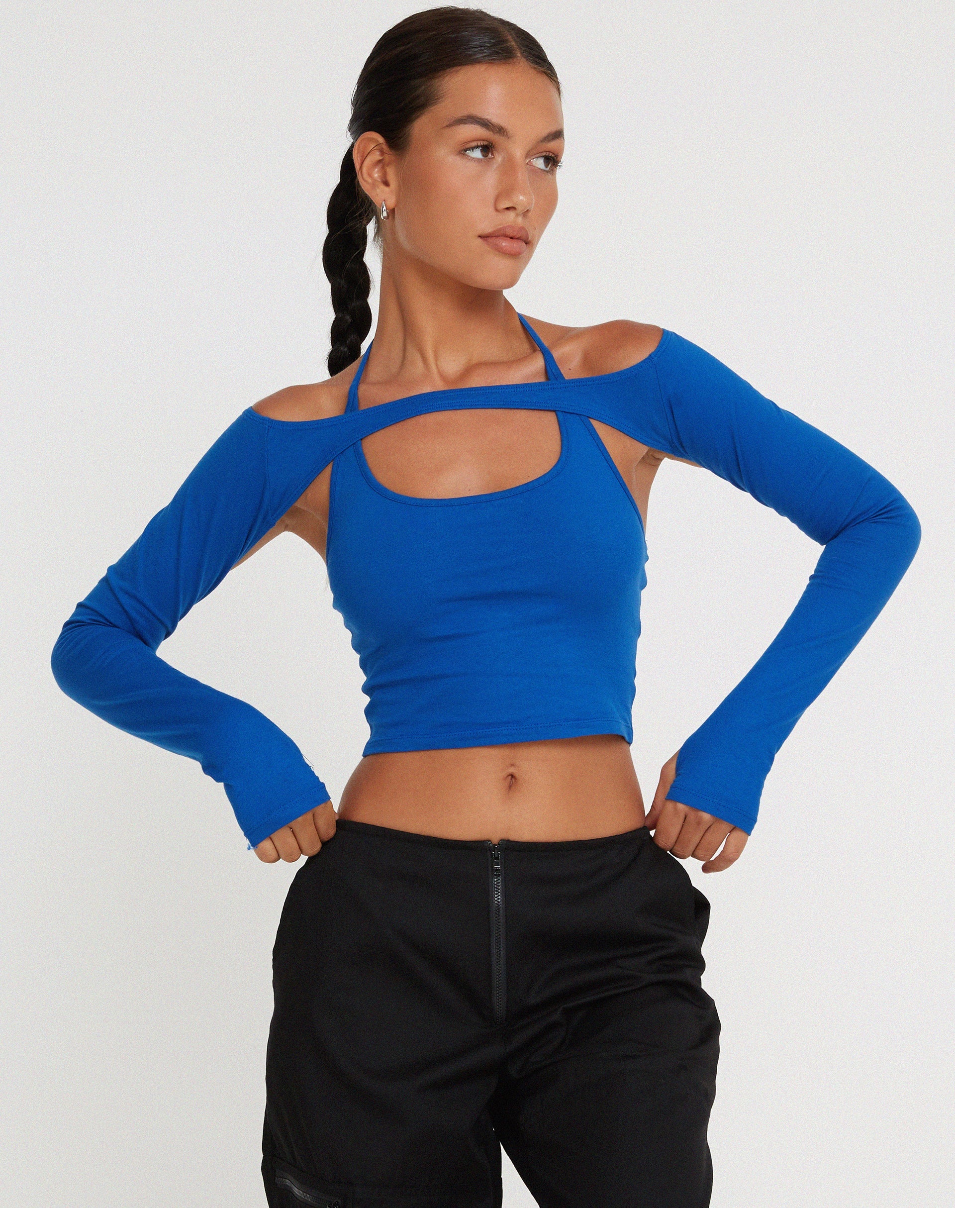 Cobalt Blue Long Sleeve Halterneck Crop Top | Brandy – motelrocks-com-us