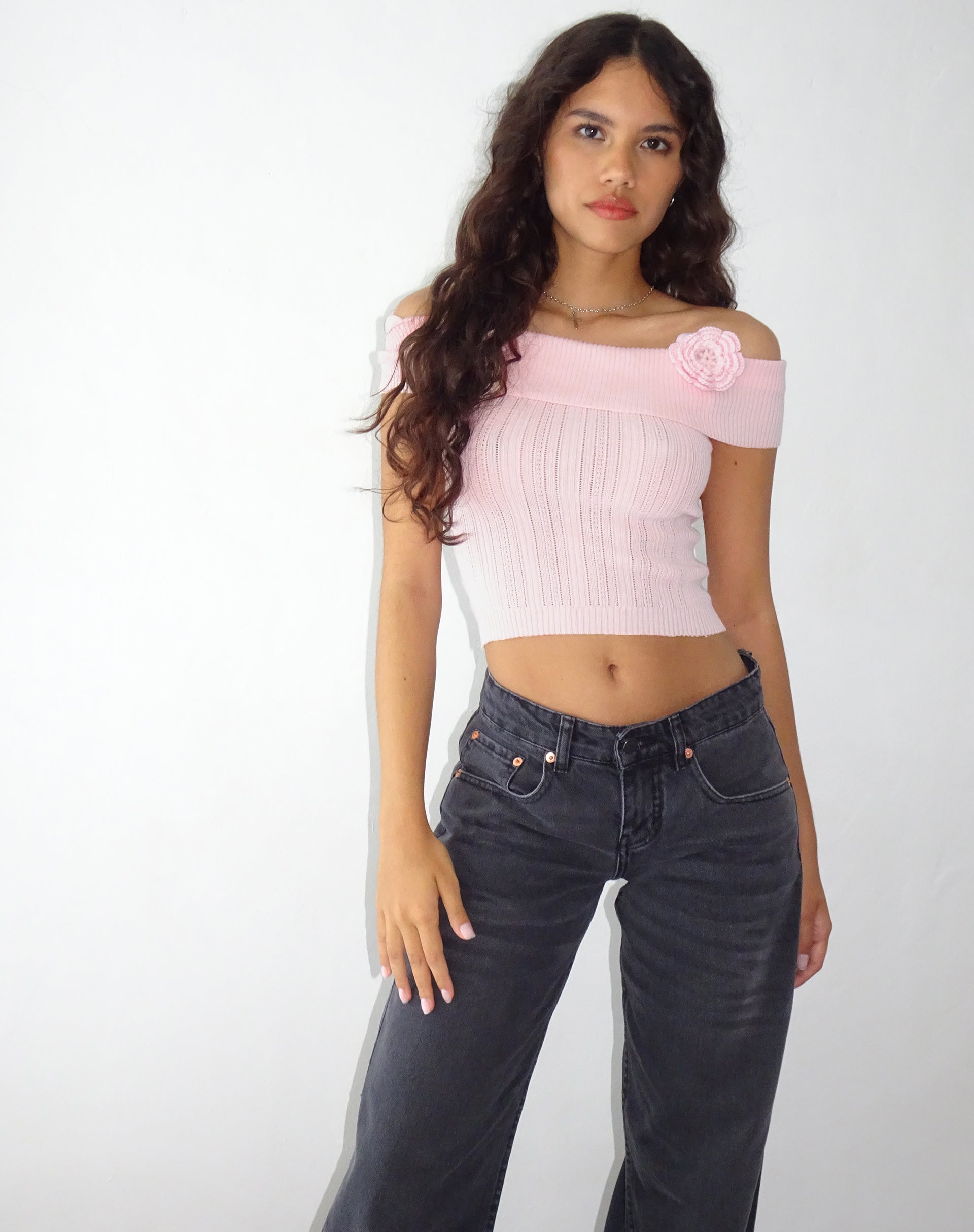 Image of Brenda Knitted Bardot Top in Pink with Rosette