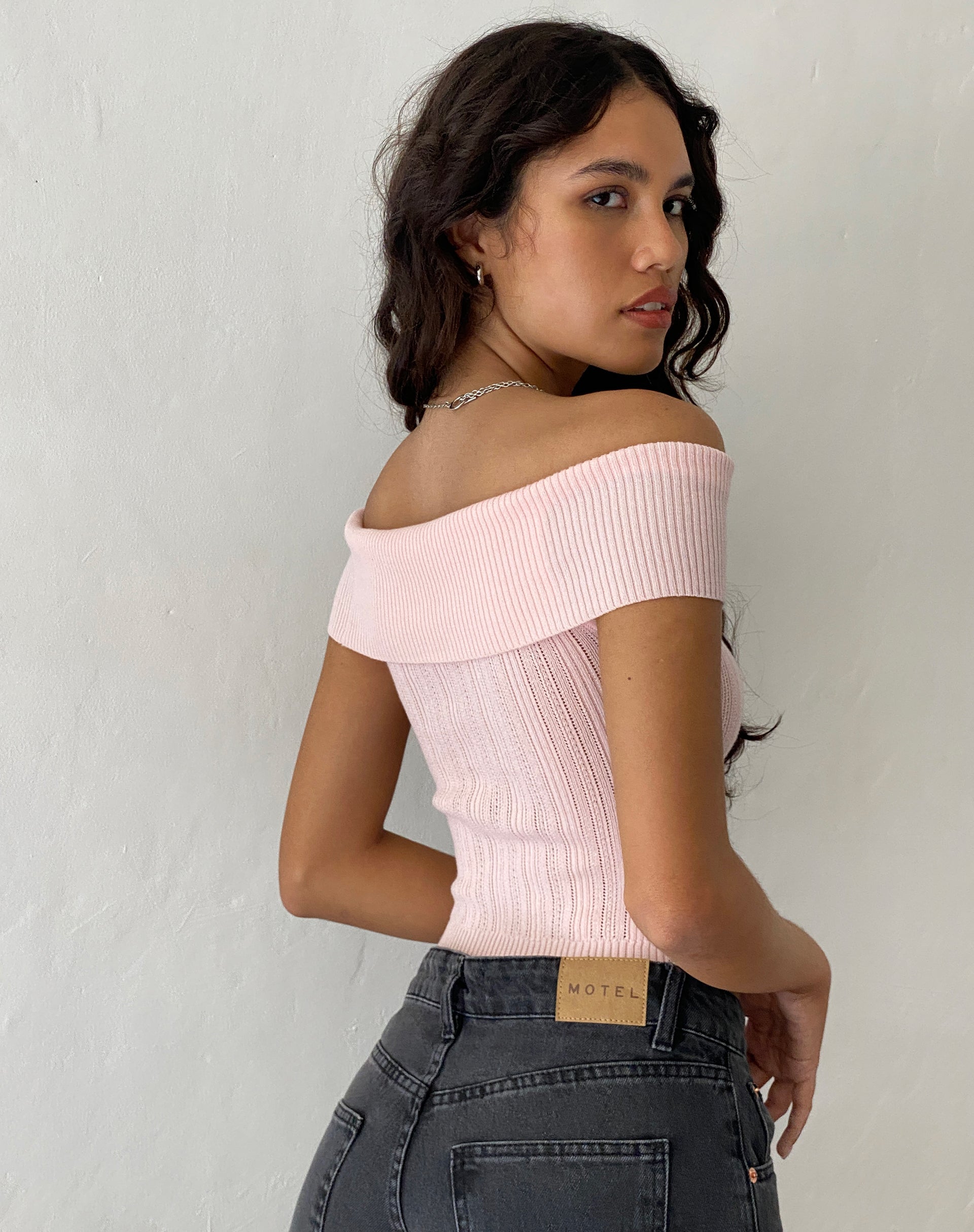 Image of Brenda Knitted Bardot Top in Pink with Rosette