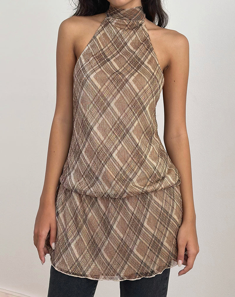 Image of Briani Halterneck Dress in Check Plisse Brown