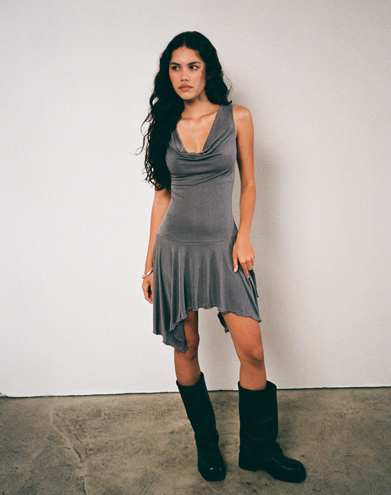 Image of Briar Waterfall Mini Dress in Cupro Grey