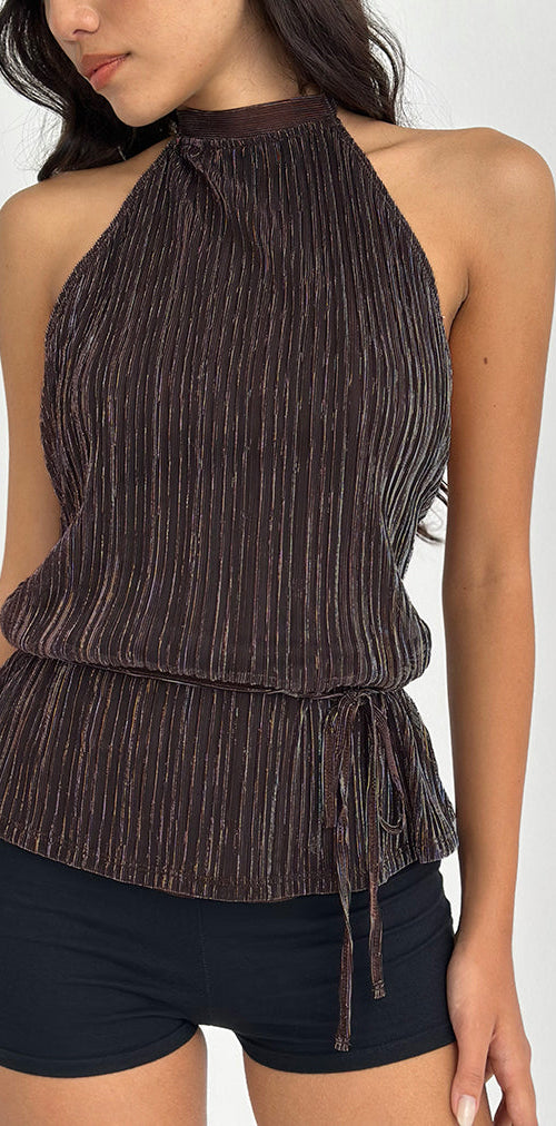 Image of Brienne Top in Brown Shimmer Sheer Plisse