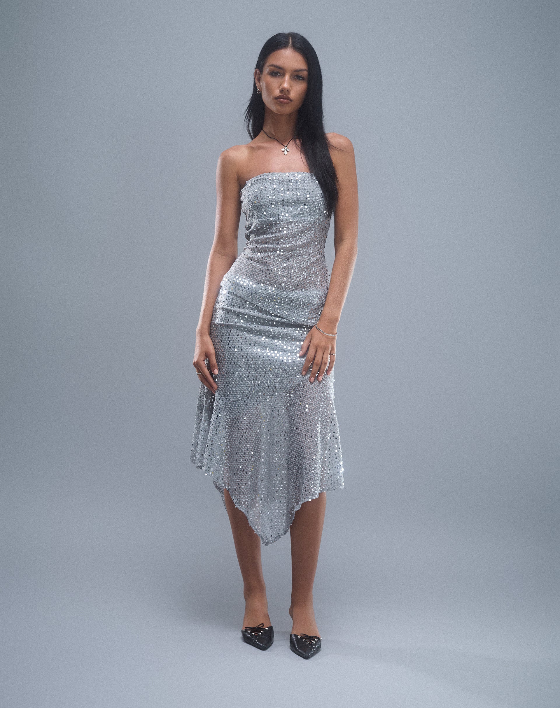 Image of Carita Midi Skirt in Sequin Knit Silver