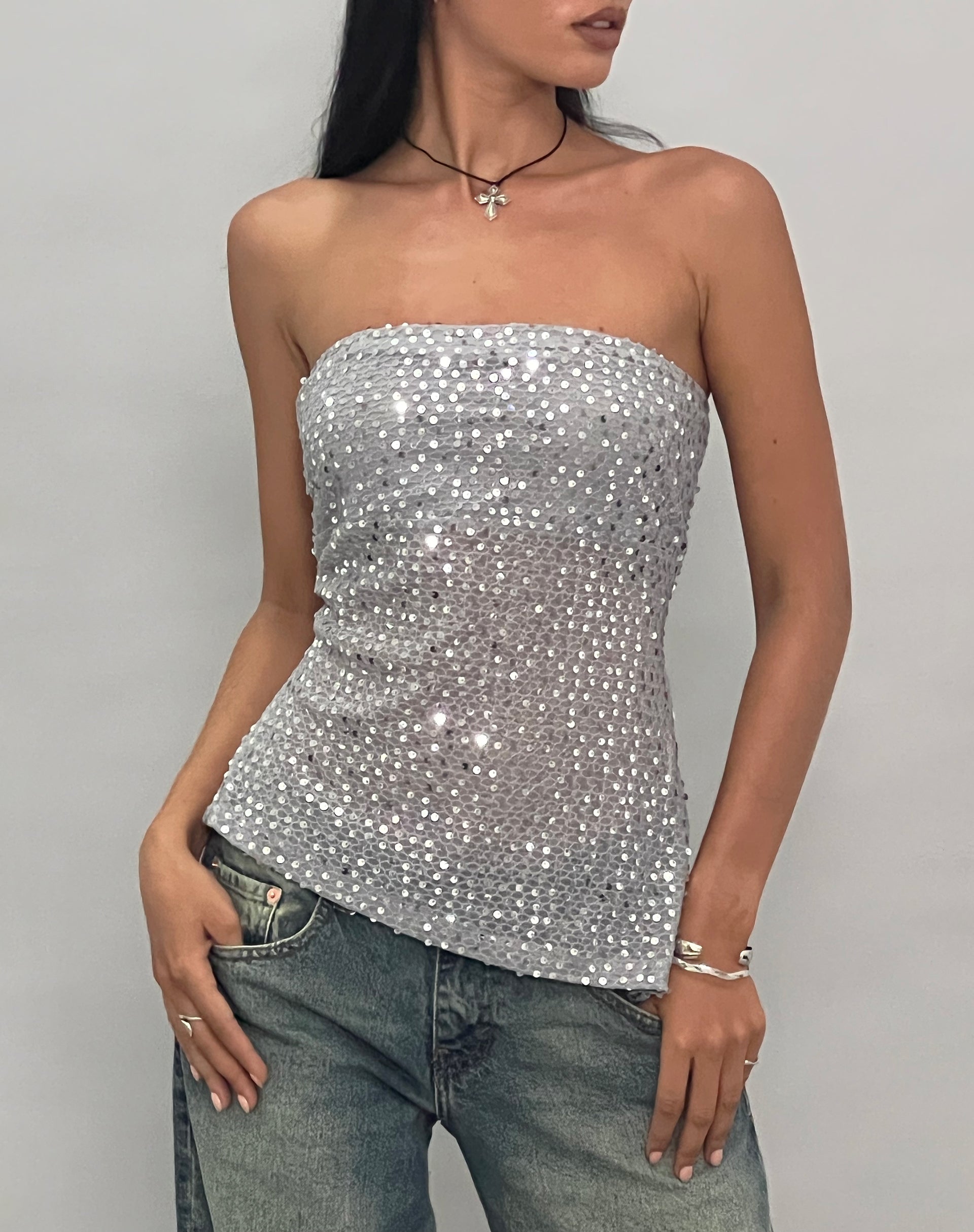 Brilia Bandeau Top in Sequin Knit Silver