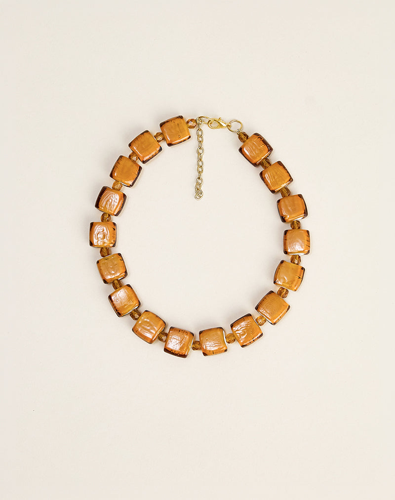 Brown Square Beaded Gold Plated Necklace