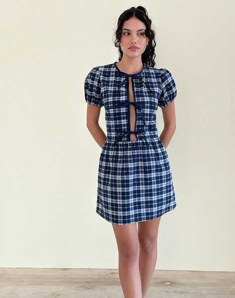 Dark Blue Tartan Tie Front Dress | Byan – motelrocks-com-us
