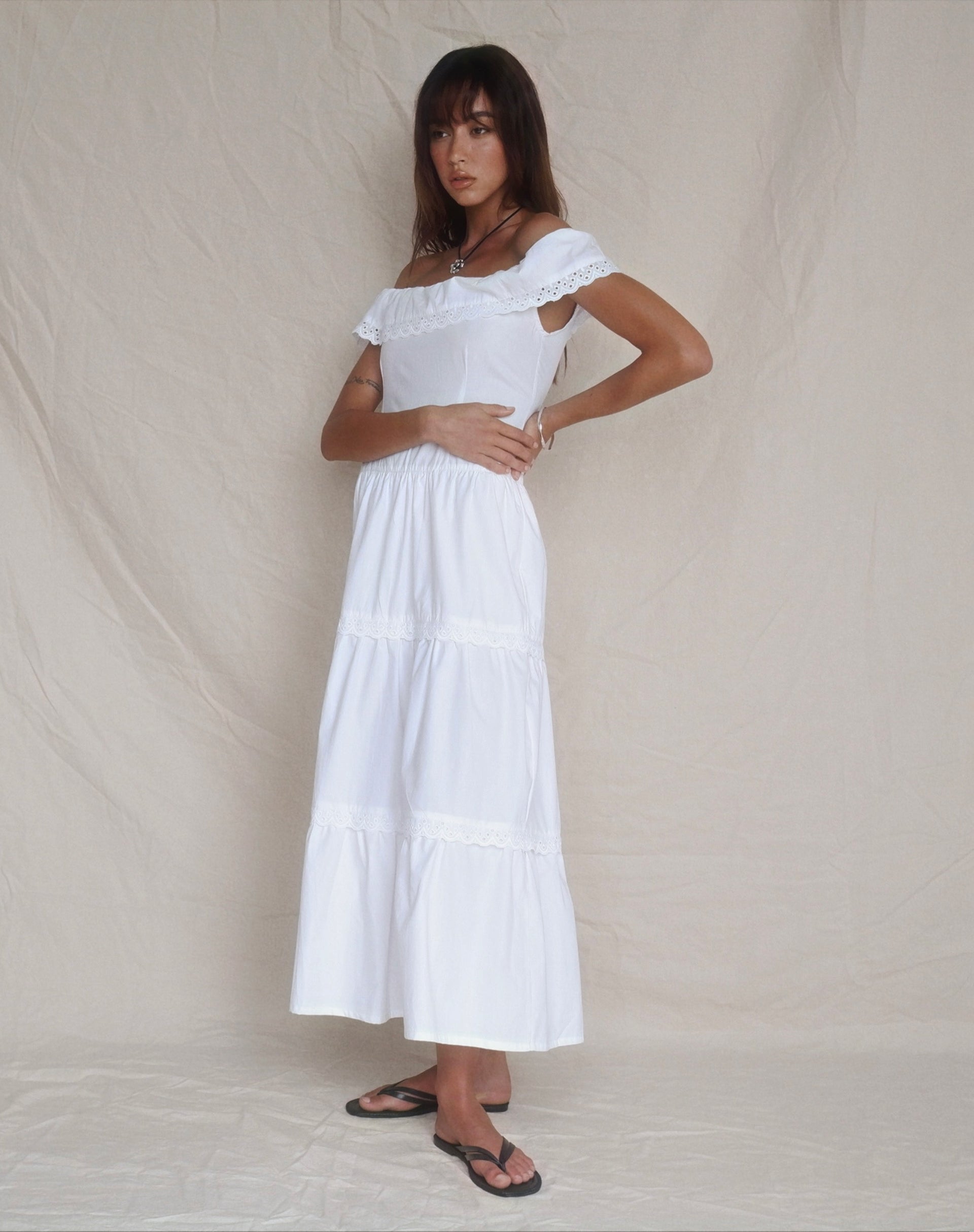 Image of Helpa Tiered Bardot Maxi Dress in White