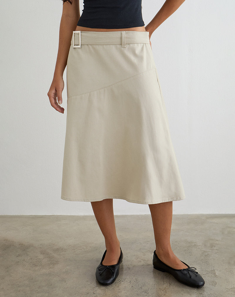 Image of Cabot Midi Skirt with Belt in Cotton Twill Latte