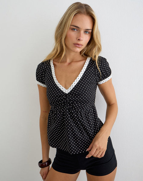 Black and White Combination with Micro Polka Print Cap Sleeve Top