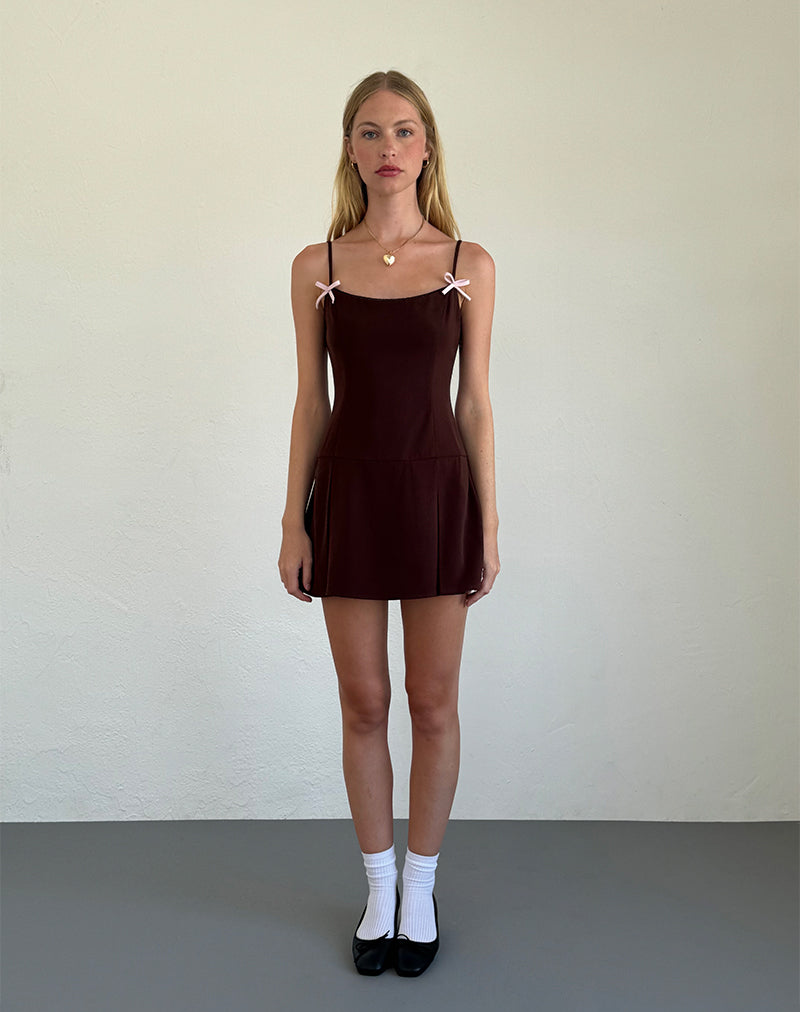 Women's Calilia Cami Dress in Bitter Chocolate with Pink Bows, M , Pleated , Scoop Neckline Women's Calilia Cami Dress in Bitter Chocolate with Pink Bows, M , Pleated , Scoop Neckline