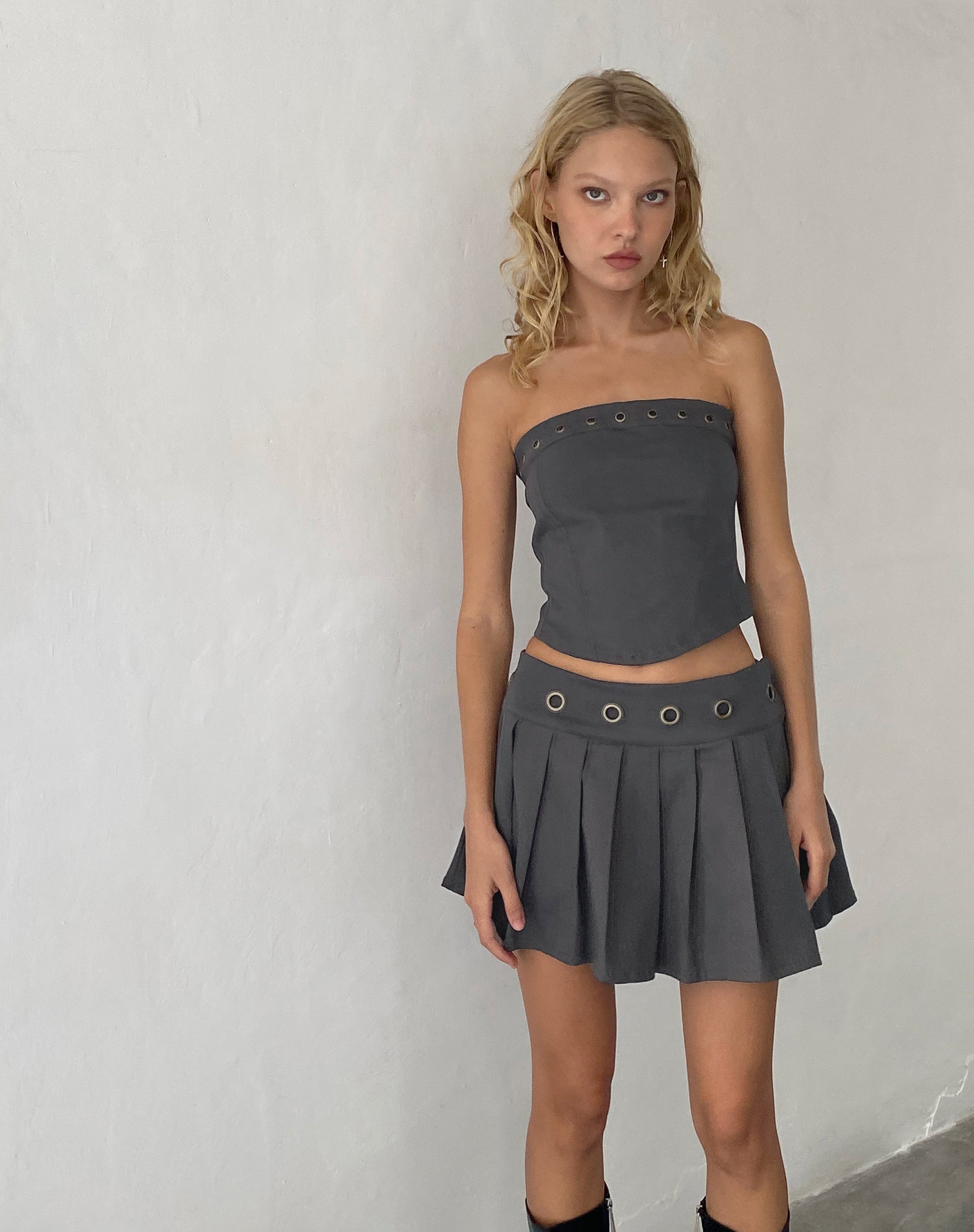 Image of Caluna Eyelet Mini Skirt in Charcoal Grey
